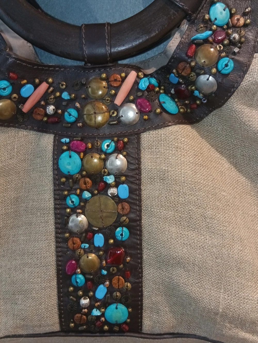 Chico's Embellished Linen & Leather Tote - Turquoise & Brass Boho Statement Bag